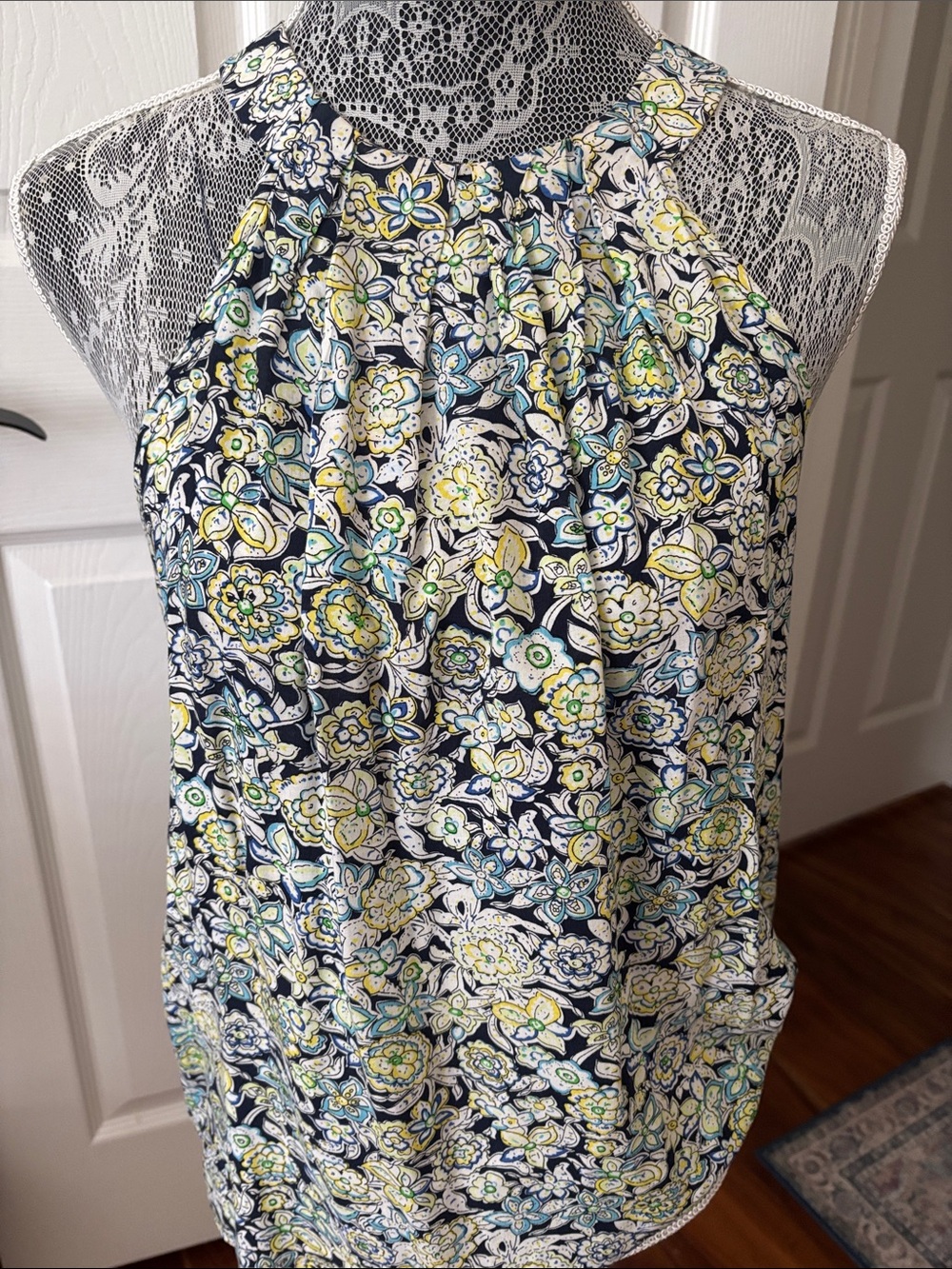 Adrienne Vittadini Navy Floral Halter blouse with White, Yellow & Teal Flowers